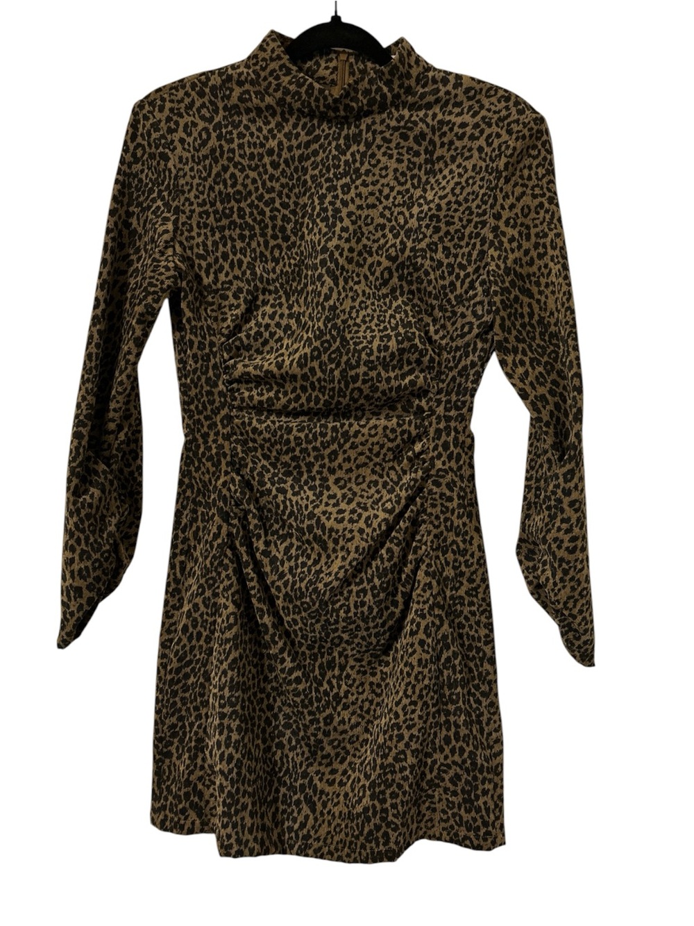 Zara Leopard Print Corduroy Mock Neck Long Sleeve Mini Dress Gathered Waist Sz S